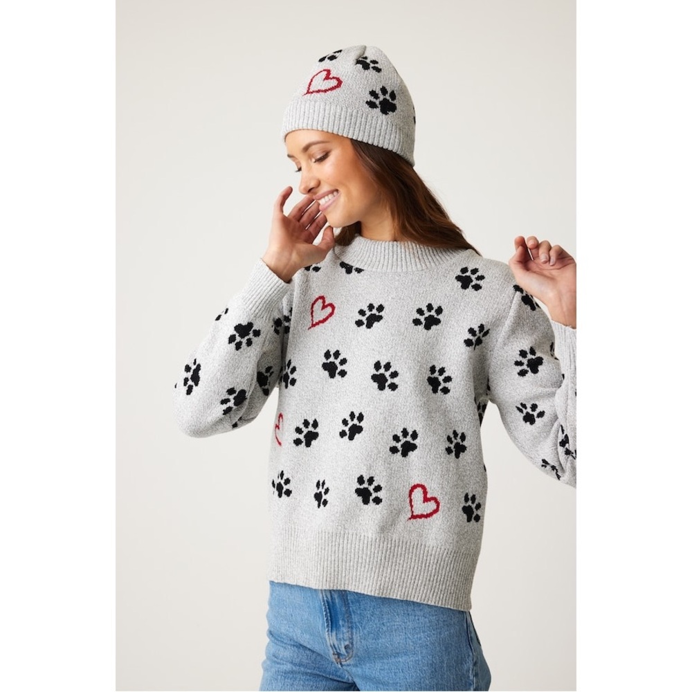 Parkhurst Gray Sweater with Black Paw Prints and Red Heart Accents
